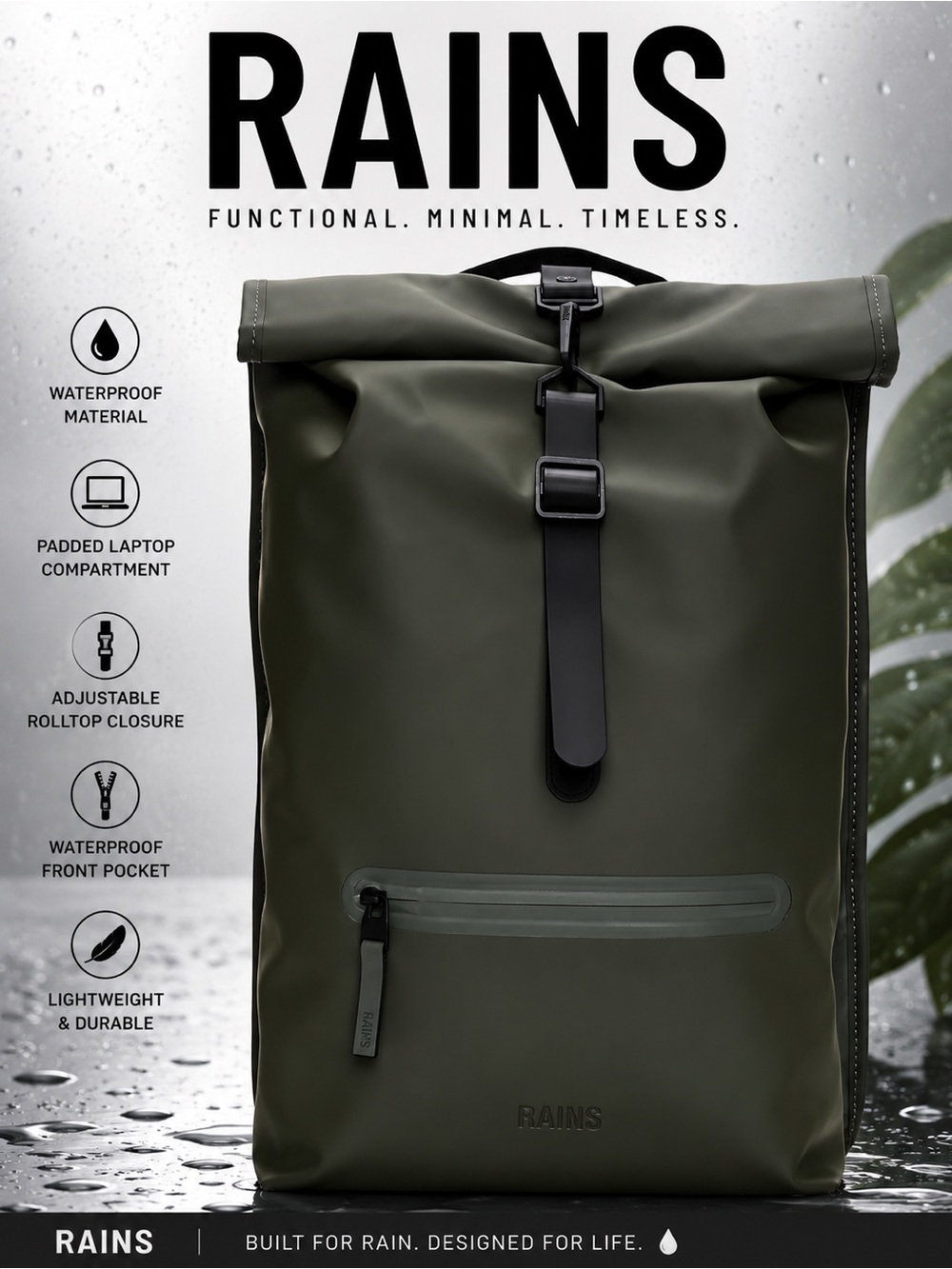 RAINS Rolltop Rucksack - Waterproof Backpack with Chest Strap, Standard